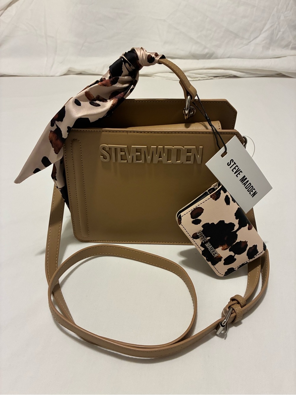 Steve Madden Tan Crossbody Bag with Leopard-Print Scarf and Wallet